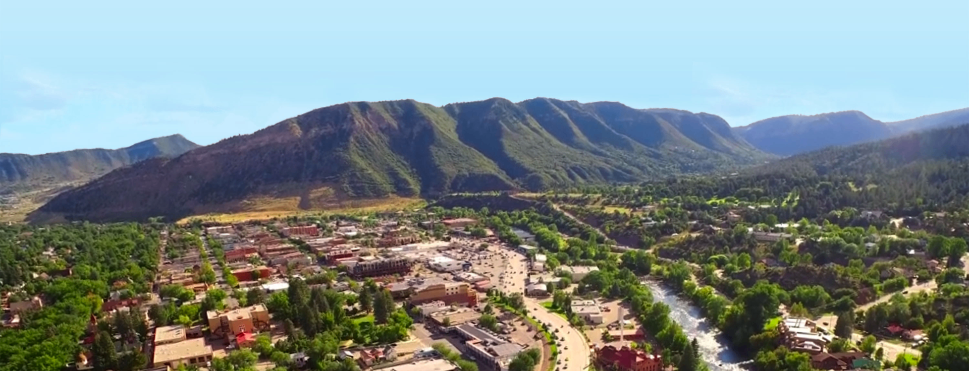 Aerial view of Durango, Colorado nestled against the mountains